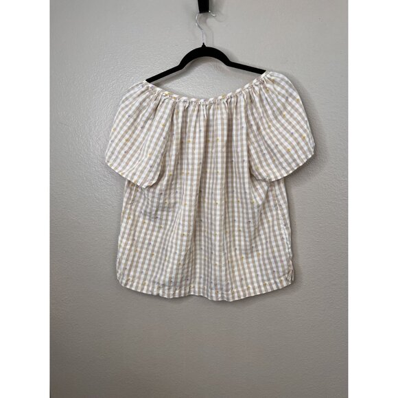 Lucky Brand Beige Gingham Cotton Peasant Top M Short Sleeves 100% Cotton - Picture 3 of 7